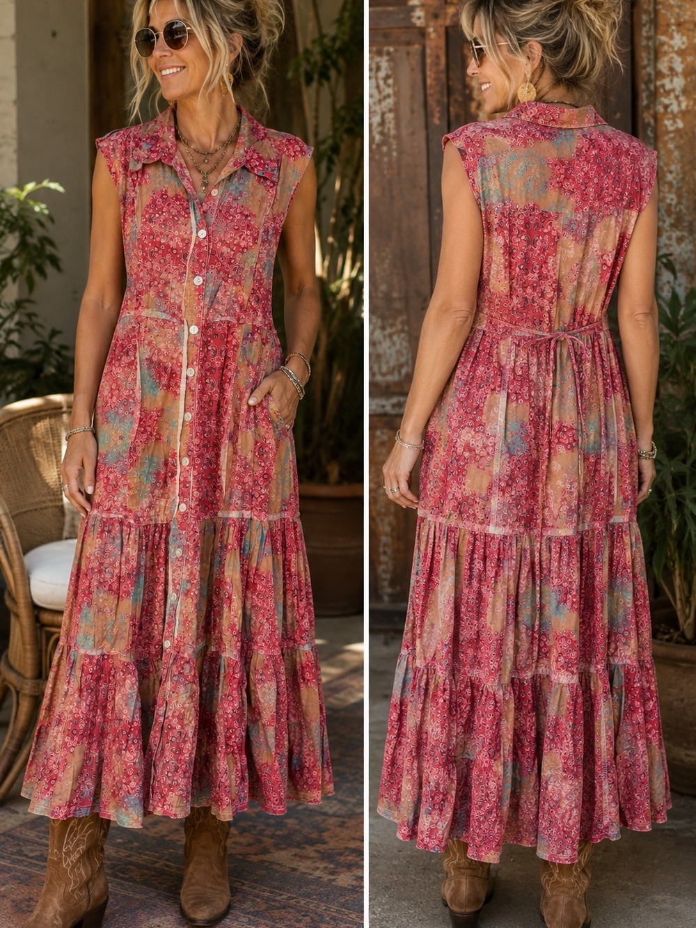 Sleeveless Pink Floral Button-Front Maxi Dress with Tie Back